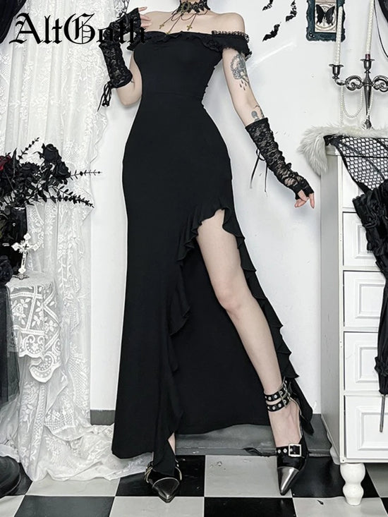 AltGoth Coquette Sexy Elegant Dress Women Gothic Dark Aesthetic Fairycore Grunge Off-the-shoulder Lace Patchwork Party Dresses
