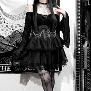 Gothic Skirt Sexy Cute Black Mini Women Drawstring Folds High Waist Irregular Ruffle Patchwork Fairycore Short Skirts Mori Girl