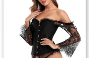Gothic Corsets for Women Victorian Blouse Tops Off Shoulder Floral Corset Long Sleeves Lace Up Medieval Corset Bustier Black Red