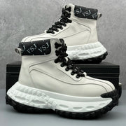 Trendy Men's High-Top  Boots Leather Surface Spor Casual Thi Bot Workwear oes round Toe Flat Heel Pure Color