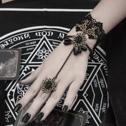 Sexy Gothic Oval Black Imitation Gemstone Round Bead Tassels Lace Bracelet Connected Ring for Women Creative Personality Jewelry