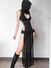 AltGoth Coquette Dark Gothic Sexy Dress Women Vintage Y2k Cyberpunk See Through Cut Out Split High Waist Knitted Hooded Dress