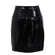 Gothic Black Skirts for Women Latex PVC Leather Pencil Mini Skirt Lace Up Zip Shiny Bodycon Skirts Sexy Club Y2k Clothes