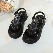 Punk Metal Decoration Black Pu Sandals Women 2025 Summer Metal Chain Thick Bottom Ankle Strap Sandals Gothic Metal Chain Shoes
