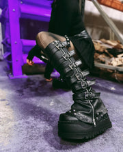 2025 Black Punk Willow Spike Combination Thigh Boot Booster Platform Side Zip Leg Cover Boot
