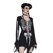 Halloween Gothic Women Dress Long Sleeve High Waist Cosplay Skull Dresses Goth Aesthetic 90s Egirl Sexy Slim Party Holiday Club