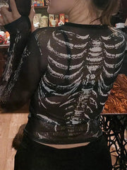 Gothic Punk Shirt 2000s Women Skeleton Pattern Round Neck Long Sleeve Crop Top Black Dark Academia Clothes y2k Tees Streetwear
