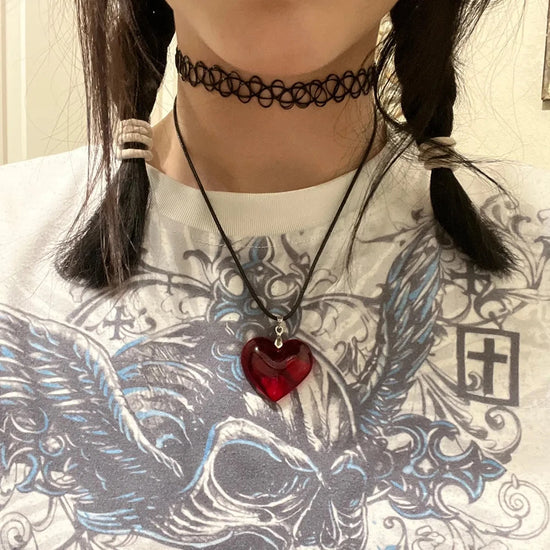 Gothic Wine Red Glass Crystal Big Heart Necklace Y2K Grunge Punk Puffy Heart Cord Rope Chain Pendant Necklace Women Girls Gift