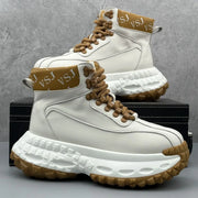 Trendy Men's High-Top  Boots Leather Surface Spor Casual Thi Bot Workwear oes round Toe Flat Heel Pure Color