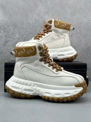 Trendy Men's High-Top  Boots Leather Surface Spor Casual Thi Bot Workwear oes round Toe Flat Heel Pure Color