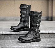 Men's Punk Gothic Biker Boots Tall Harness Buckle Side Zipper Riding Boots for Cosplay Costume Performance Comfortable Black