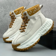 Trendy Men's High-Top  Boots Leather Surface Spor Casual Thi Bot Workwear oes round Toe Flat Heel Pure Color