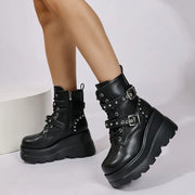 New Women's Pu Leather Ankle Boots Women Autumn Winter Round Toe Lace Up Shoes Woman Motorcycle Platform Botas Gothic Shoes