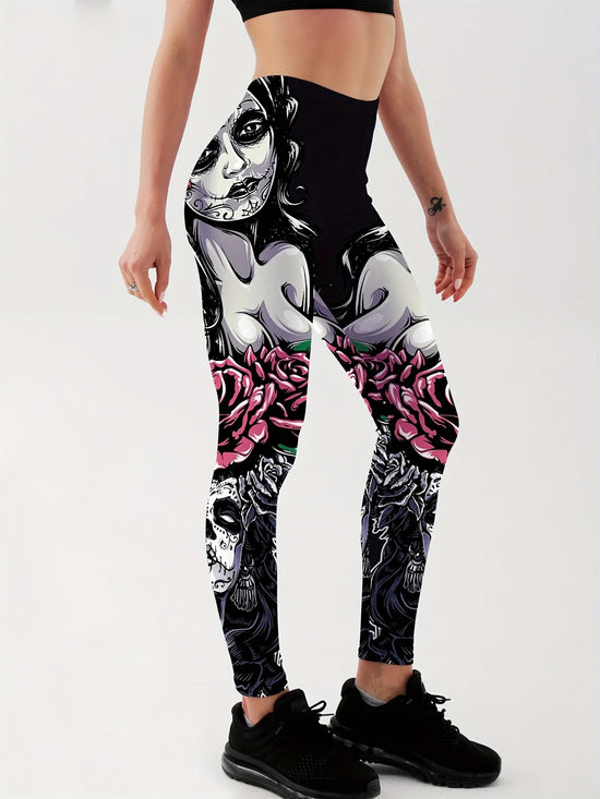 Qickitout New Arrival Women Leggings Sexy Girl With Roses Printed Leggings Gothic Fitness Workout Leggings Mid Waist Pants S-4XL