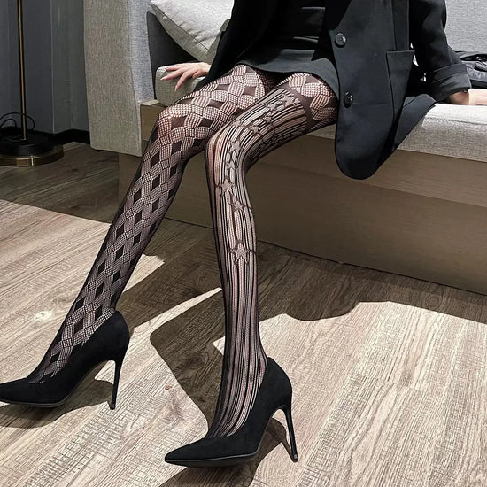 Women Hollow out Gothic Stars rhombus Leggings Female Mesh asymmetric Lolita Anime JK Tights Girls Halloween Cosplay Pantyhose