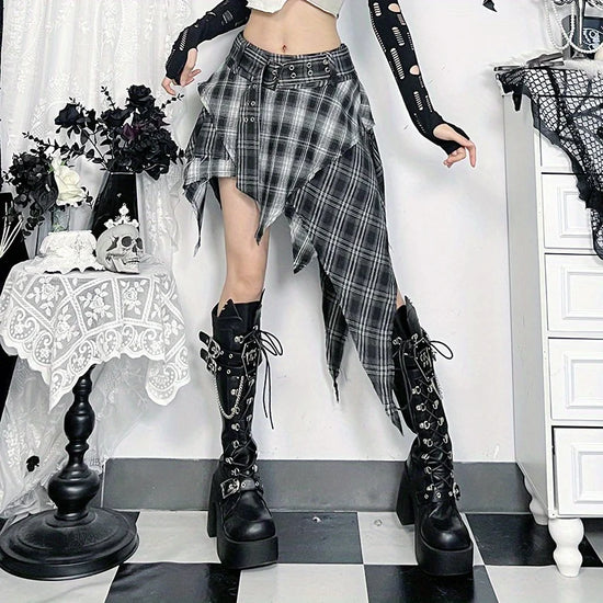 Women's Gothic Dark Irregular Skirt - Stylish Plaid Skirt for Bohemian & Edgy Outfits