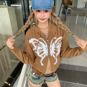 Gothic Style Butterfly Hooded Jacket Women American Spicy Girl Short Zip Up Cardigan Coat Autumn Y2K Retro Knitted Outerwear