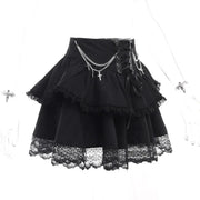 Gothic Skirt Sexy Cute Black Mini Women Drawstring Folds High Waist Irregular Ruffle Patchwork Fairycore Short Skirts Mori Girl