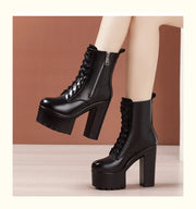 14cm Small Size 32-43 Fashion Genuien Leather Boots Fall 2025 Block High Heels Shoes Chunky Platform Short Ankle Boots Model