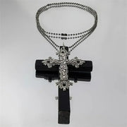 Gothic Punk Large Wood Cross Pendant Necklace Y2k 3D Relief Flower Metal Cross Double Pendant Necklace Jewelry Gifts Accessories