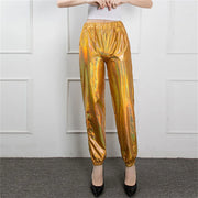 Women's Mid Waist Solid Colour Shiny Glossy Sweatpants Nine Minute Pants Fashion hip-hop trousers Disco Bottoms