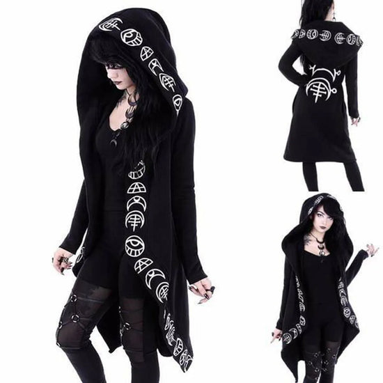 Gothic Punk Moon Printed Fashioanble Hooded Black Cardigan Thin Causal Soft Irregural Coat Cosplay Costumes