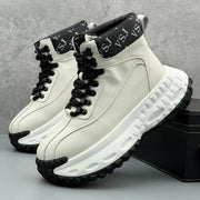 Trendy Men's High-Top  Boots Leather Surface Spor Casual Thi Bot Workwear oes round Toe Flat Heel Pure Color