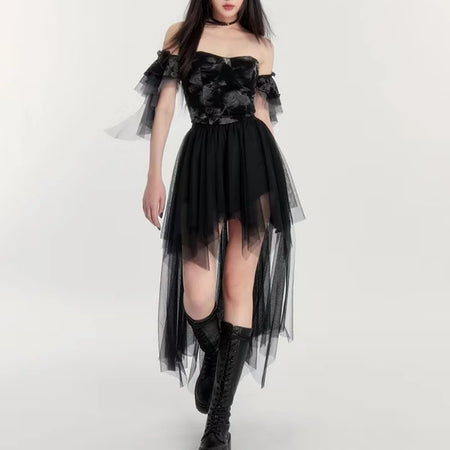 Sexy Gothic Skirts For Women Hotsweet Irregular Mesh Black Skirt Streetwear Elastic Waist Front Short Back Long Y2K Lady's Skirt