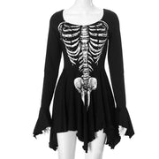Halloween Gothic Women Dress Long Sleeve High Waist Cosplay Skull Dresses Goth Aesthetic 90s Egirl Sexy Slim Party Holiday Club