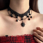 Gothic Punk Sexy Lace Black Crystal Pendent Necklace for Women Teens Girls Beads Flower Collar Necklace Rock Jewelry Gifts Party