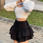 Black Women Punk High Waisted Goth Skirt Sexy Pleated Mini Skirt with Chain E Girl Lace-Up Tie PU Leather Corset Y2K Crop Tops