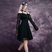Gothic Punk Girls Midi Dress Sexy Lace Patchwork Long Flare Sleeve Dress Women Harajuku Cold Shoulder Strappy Halloween Sundress