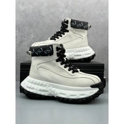 Trendy Men's High-Top  Boots Leather Surface Spor Casual Thi Bot Workwear oes round Toe Flat Heel Pure Color