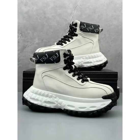 Trendy Men's High-Top  Boots Leather Surface Spor Casual Thi Bot Workwear oes round Toe Flat Heel Pure Color
