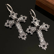 Goth Style Exaggerated Big Metal Flower Vine Cross Dangle Earrings for Women Retro Hip Hop Rock Black Crystal Party Jewelry Gift