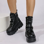 New Women's Pu Leather Ankle Boots Women Autumn Winter Round Toe Lace Up Shoes Woman Motorcycle Platform Botas Gothic Shoes