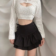 Y2K Black Skirt Women Streetwear Gothic Harajuku Ruffle High Waist Bandage A-line Mini Skirt Goth Punk Grunge Clothes