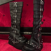 2025 Black Punk Willow Spike Combination Thigh Boot Booster Platform Side Zip Leg Cover Boot