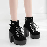 Lace Up Women Boots Platform Buckle Boot Winter Shoes Thick Heel Autmn Boots With Zipper Ankle Strap Black Suede Gothic