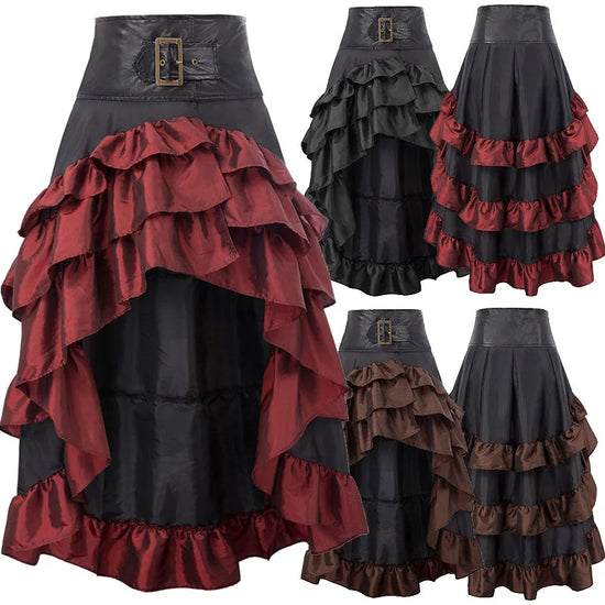 Women's Victorian Asymmetrical Ruffled Trim Gothic Long Skirts, Corset Skirt, Vintage Steampunk, Showgirl Party Dress