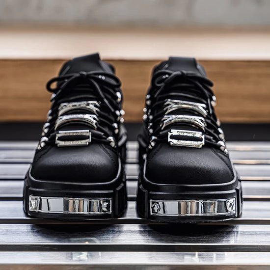 Women's Gothic Woman Sneakers  Ankle Boots Punk Style Black Shoes Rock Metal Decor Lace-up Heel Height Platform Shoes