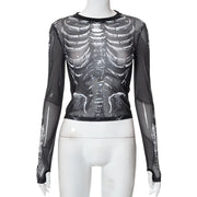 Gothic Punk Shirt 2000s Women Skeleton Pattern Round Neck Long Sleeve Crop Top Black Dark Academia Clothes y2k Tees Streetwear