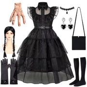 Gothic Black Dress Halloween Costume for Girls 2025 Party Ball Gown Children Cosplay Adams Family Vestido
