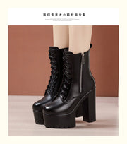 14cm Small Size 32-43 Fashion Genuien Leather Boots Fall 2025 Block High Heels Shoes Chunky Platform Short Ankle Boots Model