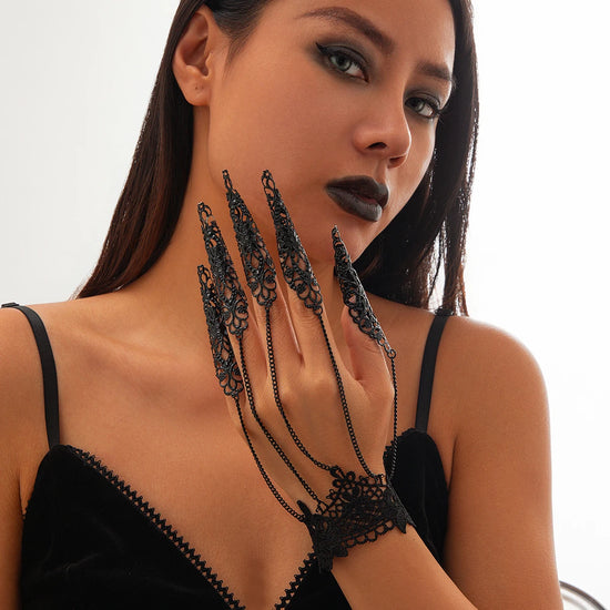 IngeSight.Z Gothic Black Hollow Lace Nail Set Bracelet for Women Goth Halloween Ghost Finger Bracelet Holiday Party Jewelry