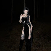 Goth Dark Punk Grunge Lace Up Maxi Dress 90s Streetwear Gown Women Sexy Bandage Velvet Dresses Y2k New Harajuku Gothic Clothing