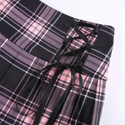 Goth Skirts Summer Y2K Woman Skirts Pink Stripe Plaid Lace Trim Pleated School Plaid Skirt Ladies Aesthetic Tie Up Jupe Femme