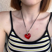 Gothic Wine Red Glass Crystal Big Heart Necklace Y2K Grunge Punk Puffy Heart Cord Rope Chain Pendant Necklace Women Girls Gift
