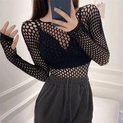 Gothic Sexy Black Fishnet Mesh See Through T-Shirt Women Skinny Goth Hollow Out Long Sleeve Shirts Crop Top Tee Shirt Streetwear