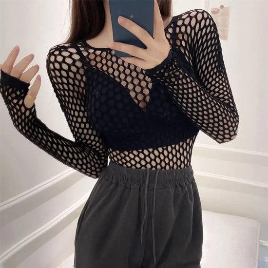 Gothic Sexy Black Fishnet Mesh See Through T-Shirt Women Skinny Goth Hollow Out Long Sleeve Shirts Crop Top Tee Shirt Streetwear
